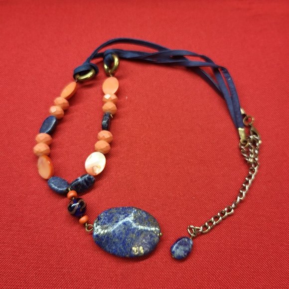 Blue Gemstone Orange Beads Blue Cord Necklace Boho Chic - Picture 3 of 9